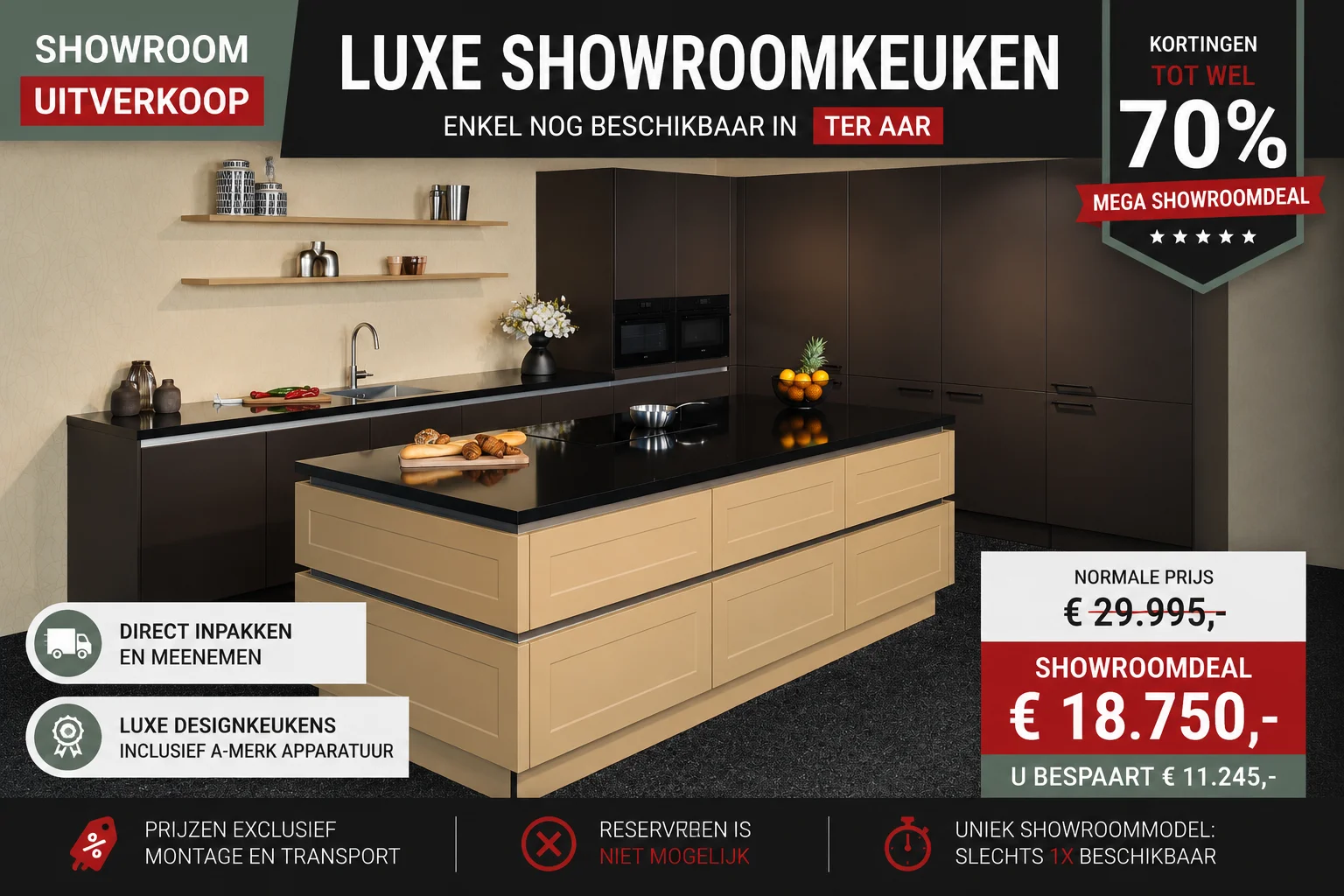Luxe eilandkeuken in Sepiabruin/Caramel Softmatt met composiet werkblad in de showroom van Keukenwarenhuis.nl in Ter Aar
