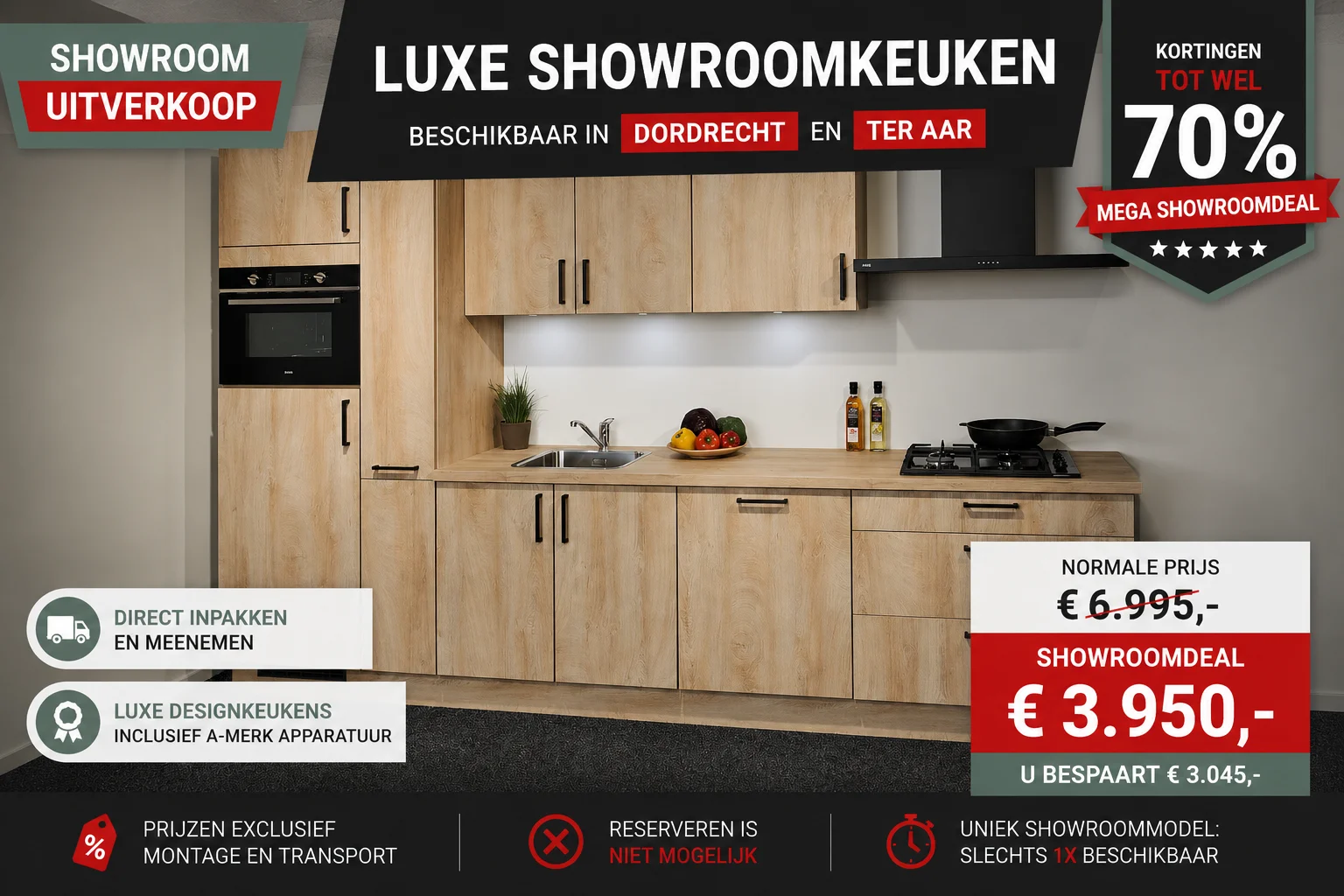 Showroomkeuken 05 uitgevoerd in scandinavic wood in de showroom van Keukenwarenhuis.nl in Ter Aar