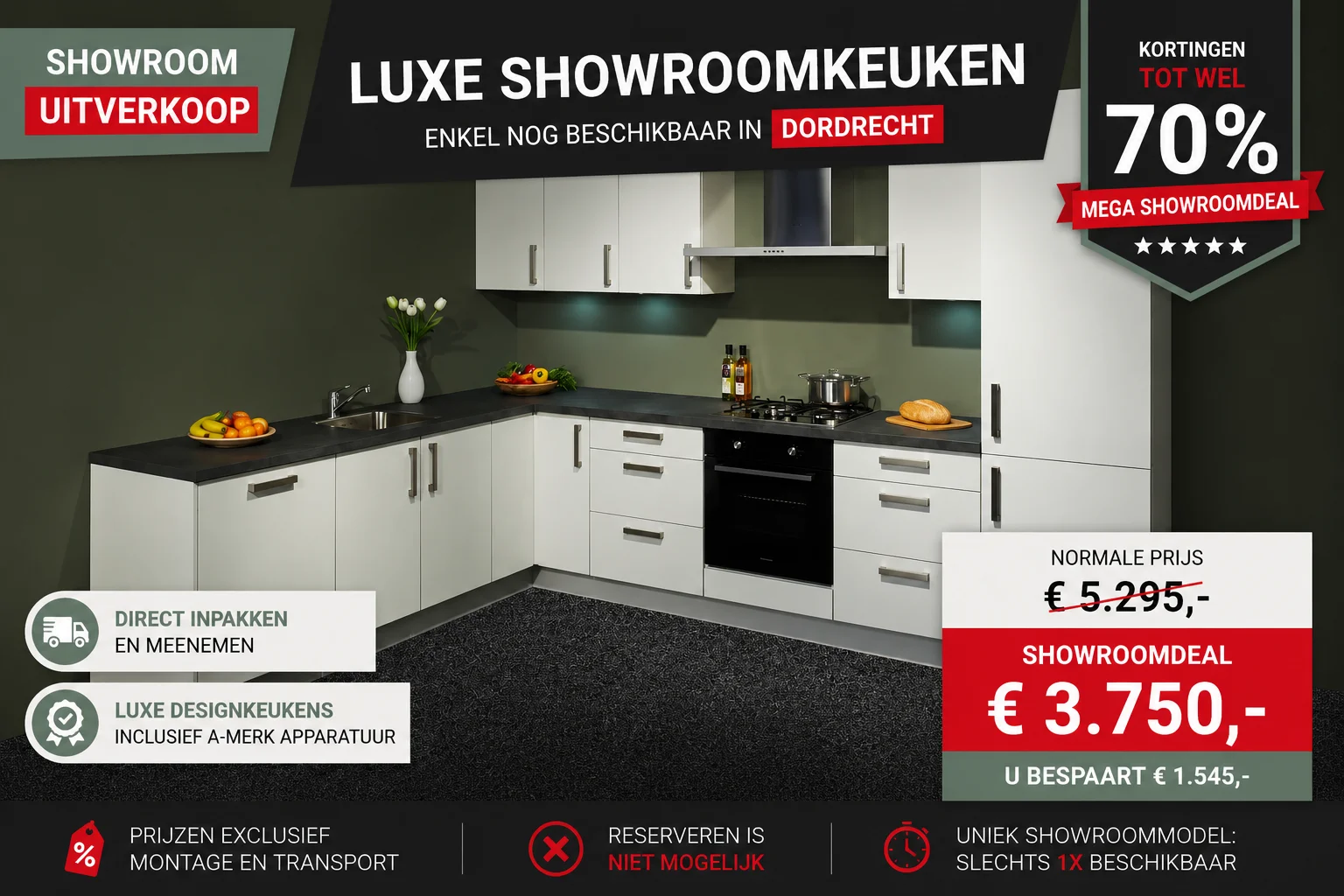 Showroomkeuken 75 uitgevoerd in softmat wit in de showroom van filiaal Dordrecht