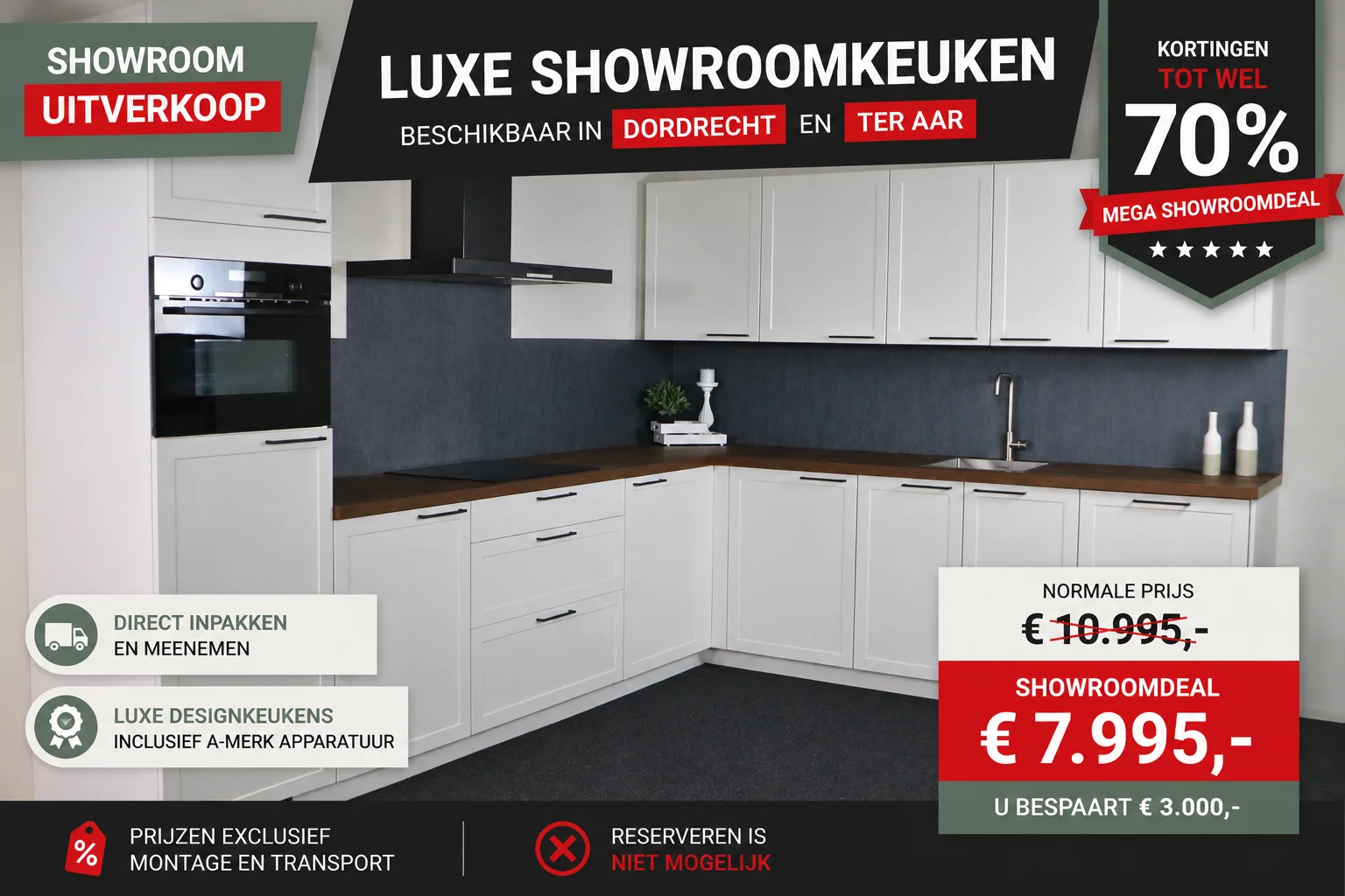 Showroomkeuken 50 uitgevoerd in zijdemat wit in de showrooms van Keukenwarenhuis.nl in Dordrecht en Ter Aar