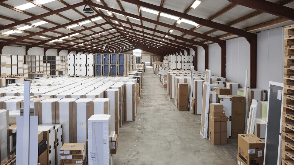 Magazijn met Keukens uit Voorraad van Keukenwarenhuis.nl aan de Westkanaalweg in Ter Aar