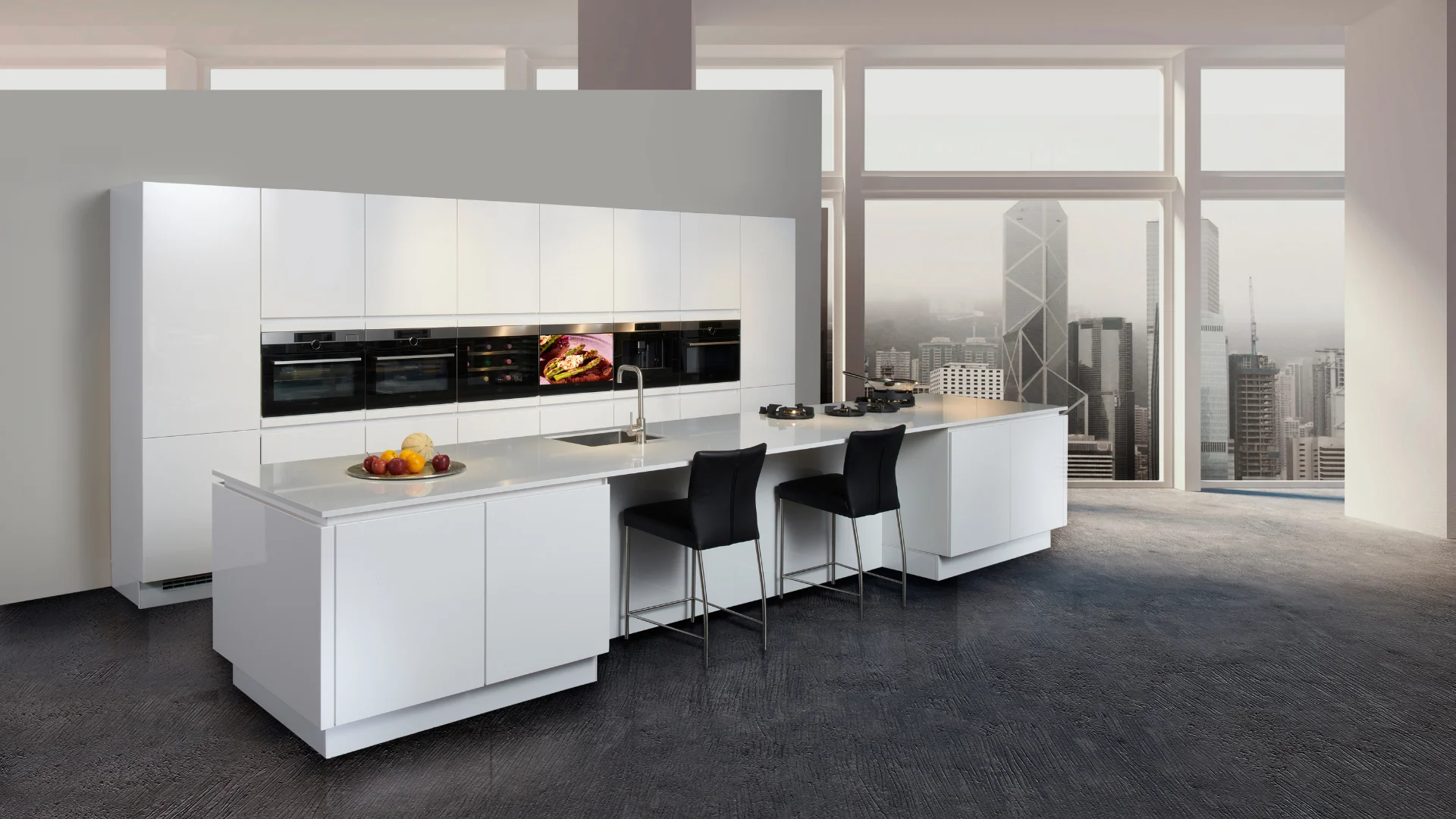 Luxe hoogglans witte showroomkeuken met kookeiland in de showroom van Keukenwarenhuis.nl in Ter Aar