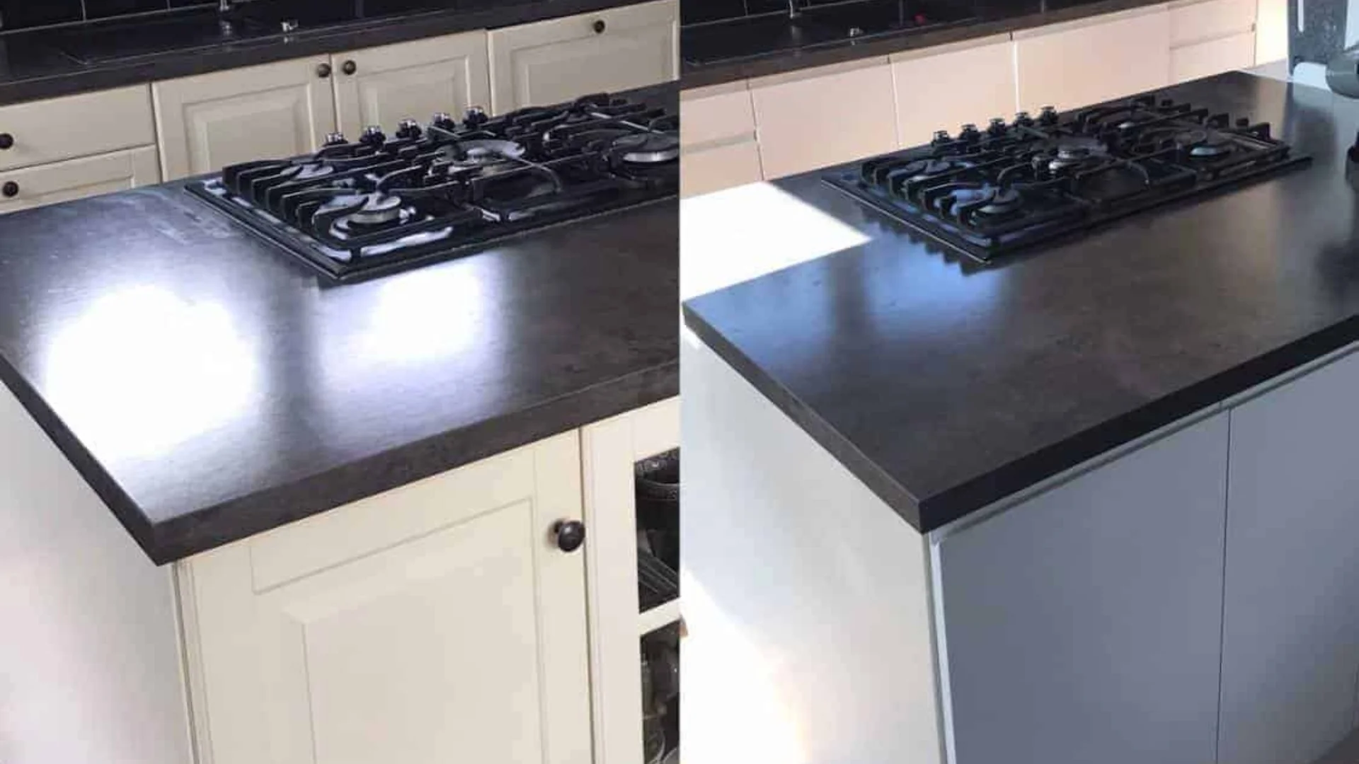 Voor- na foto van een keukenrenovatie